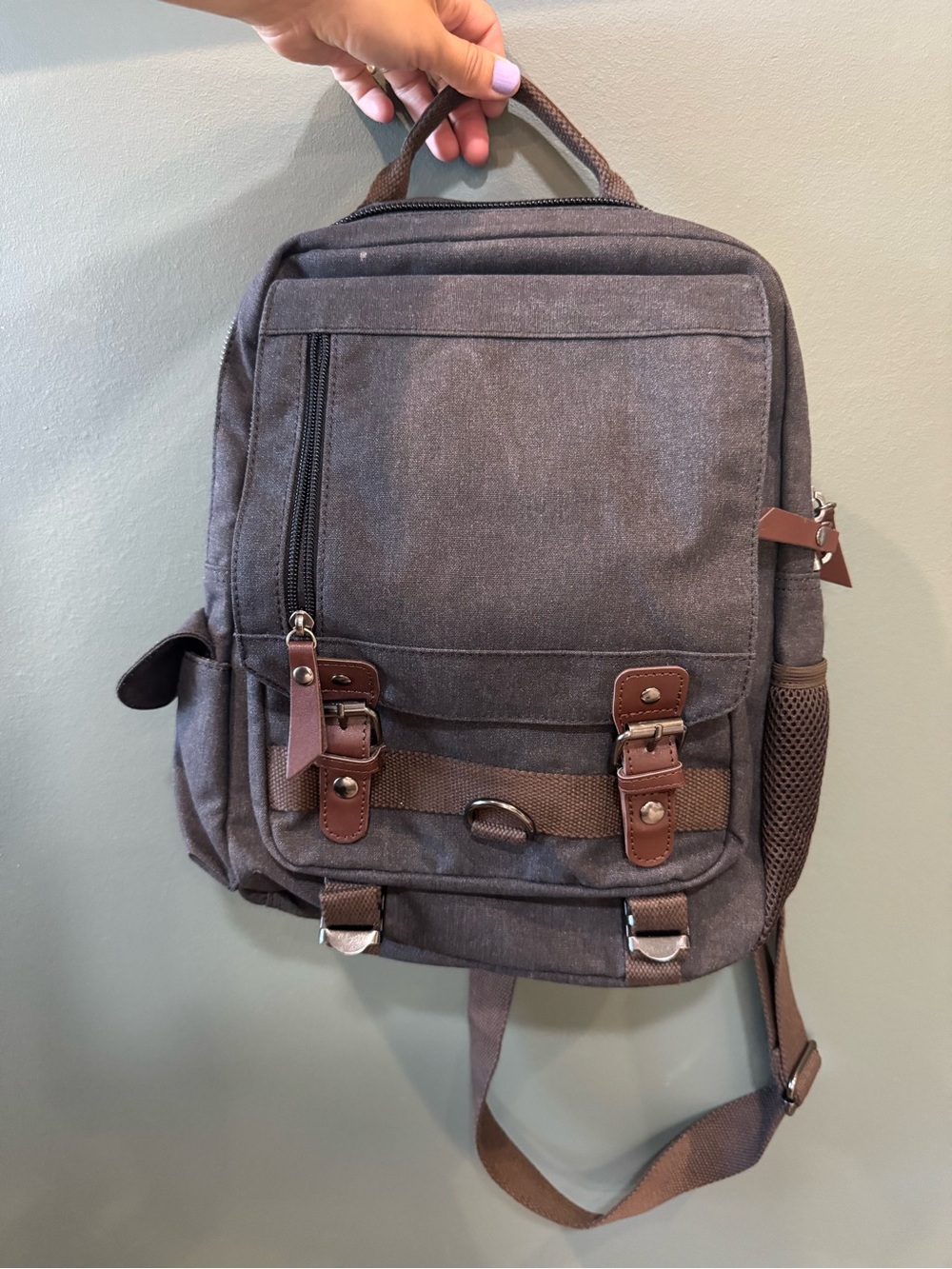 Casual Gray Canvas Backpack with Brown Trim